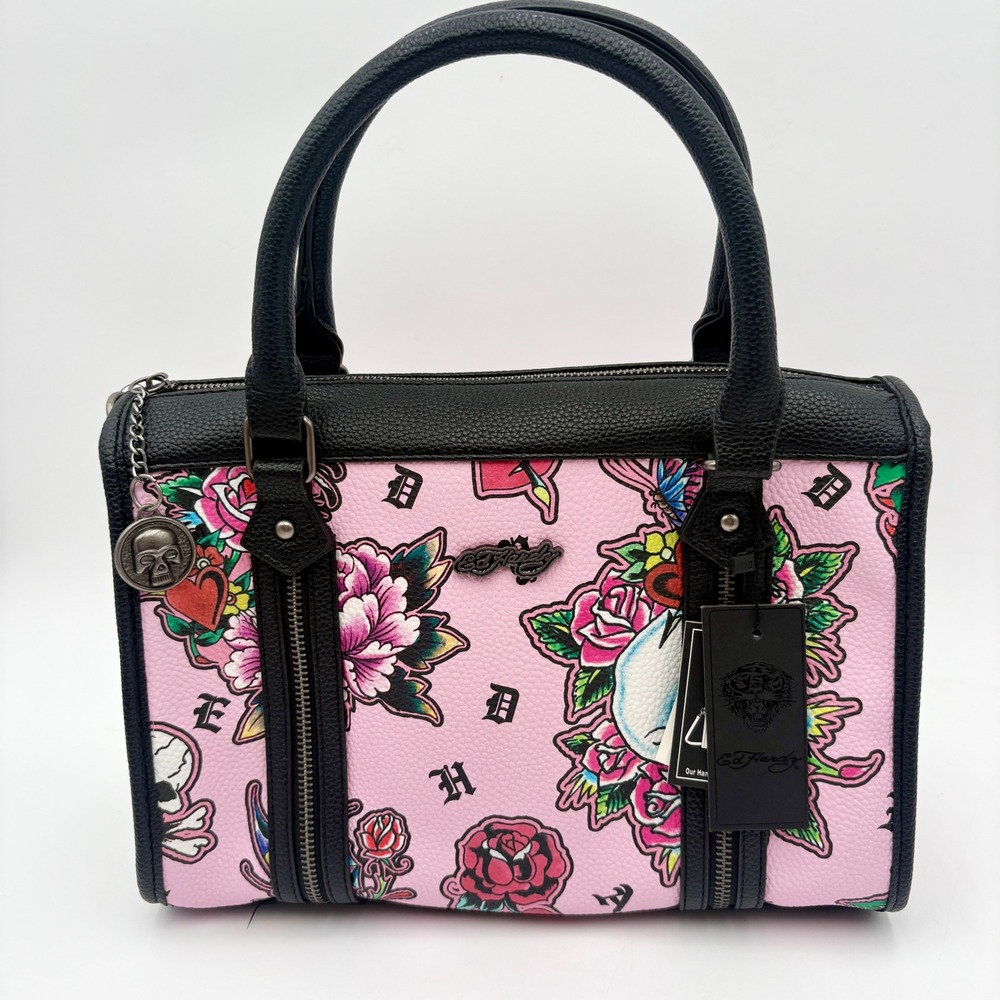 Ed Hardy Pink Tattoo Print Satchel Bag‎ Skull Rose Butterfly Charm